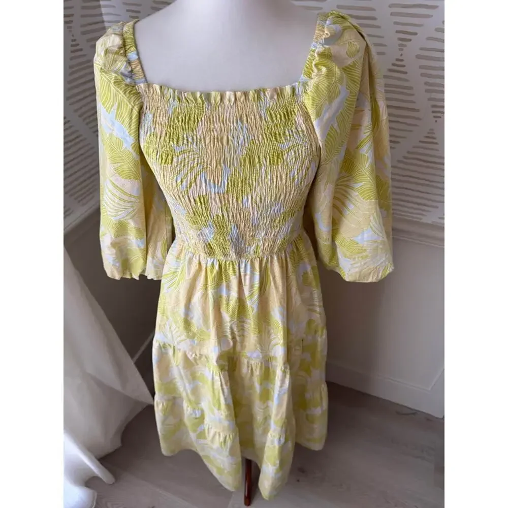 Karlie Women’s Large Tropical Leaf Poplin Smock Puff Sleeve Maxi Dress
